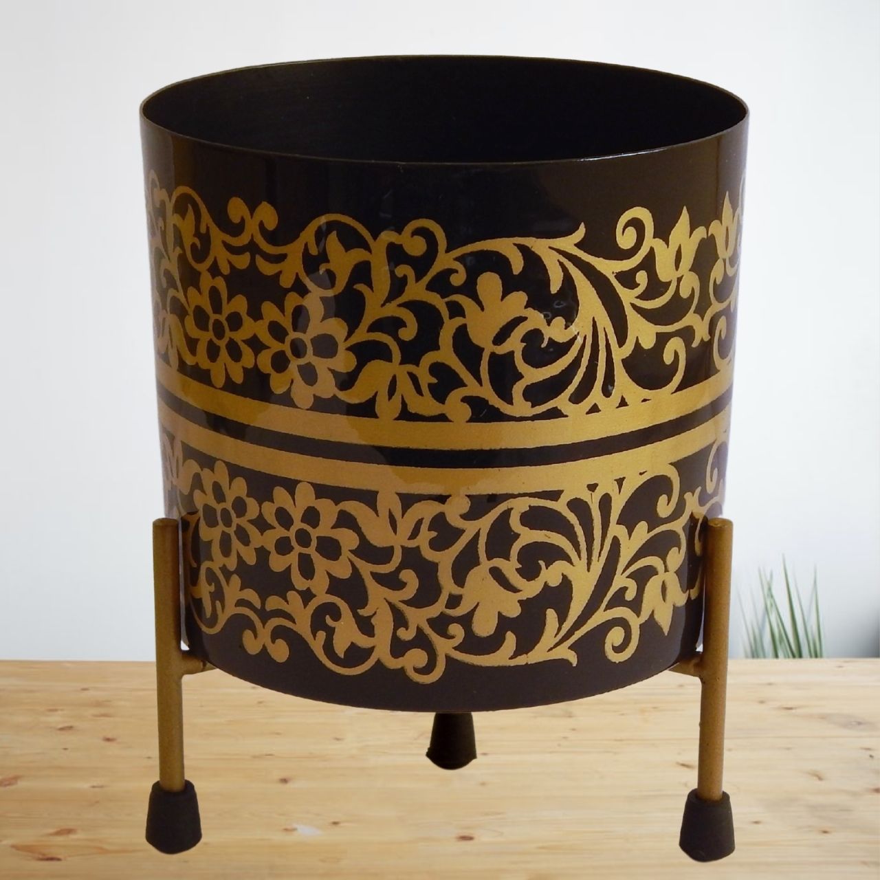 Evan Black Gold Metal Plant Pot with Stand