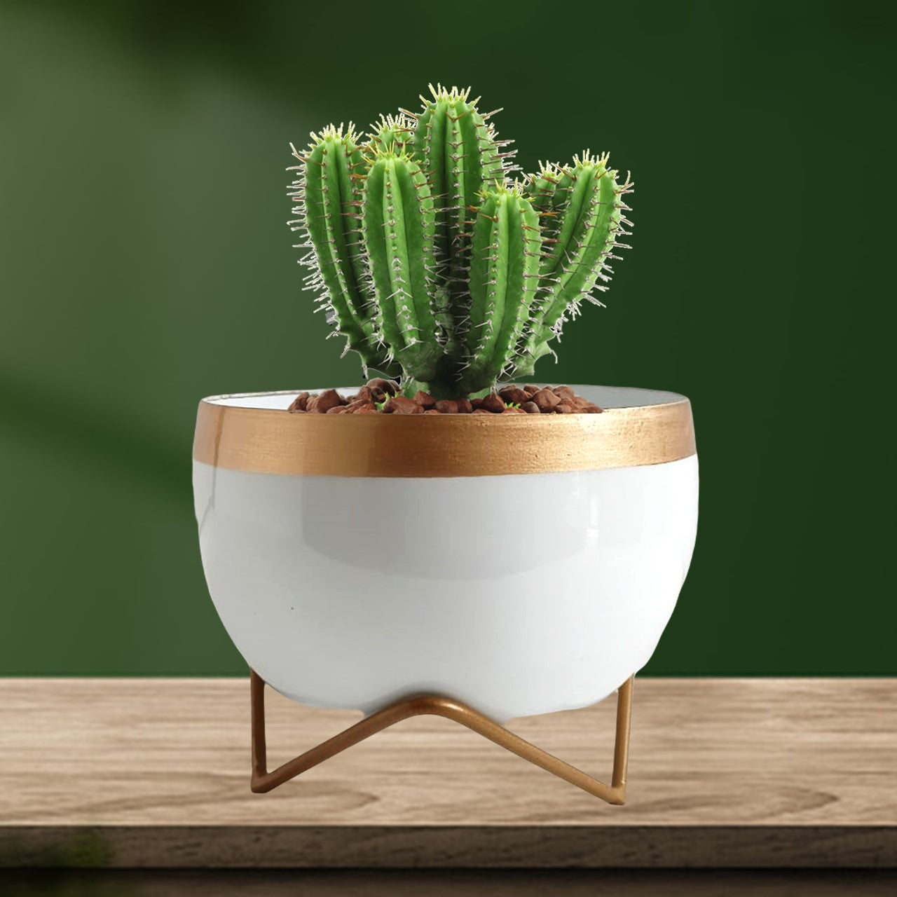 ecofynd 5 inches Elis White Metal Planter Pot with Gold Stand Planter freeshipping - Ecofynd