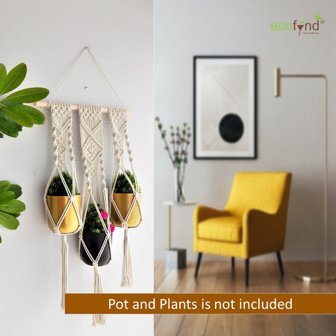 macrame 3 tier plant hanger Handcrafted Triple Macrame Wall Plant Hanger: 3-Tier Decor – Ecofynd