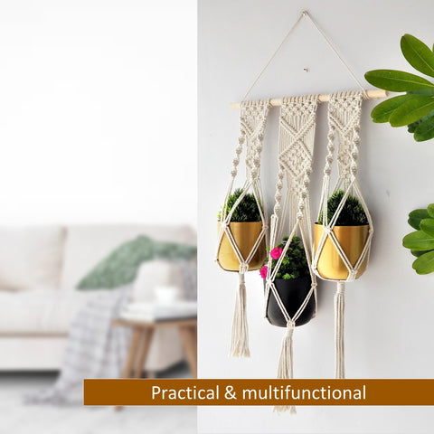 3 tier macrame plant hanger Handcrafted Triple Macrame Wall Plant Hanger: 3-Tier Decor – Ecofynd