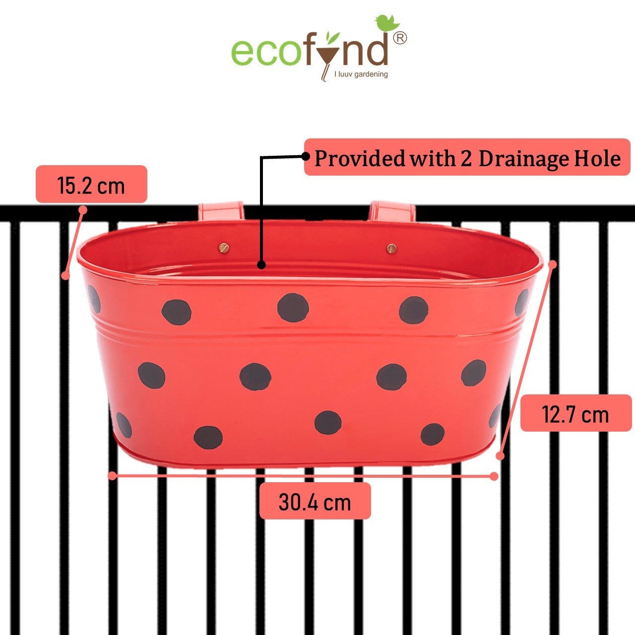 ecofynd Oval Polka Dot Balcony Railing Planter with Detachable Handle, Red Railing Planter freeshipping - Ecofynd